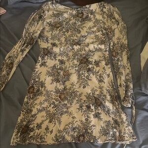 American Eagle Outfitters Cream and Brown Floral Long Sleeve Dress